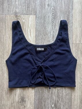 Reformation Navy Blue Ribbed Lace Up Tie Crop Top Size S